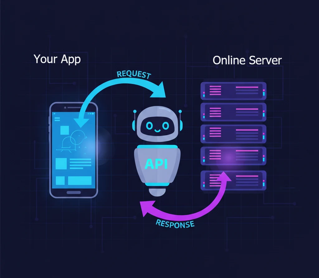 Diagram showing the request-response cycle: a client application sends a request to an API server, and the server sends a response back