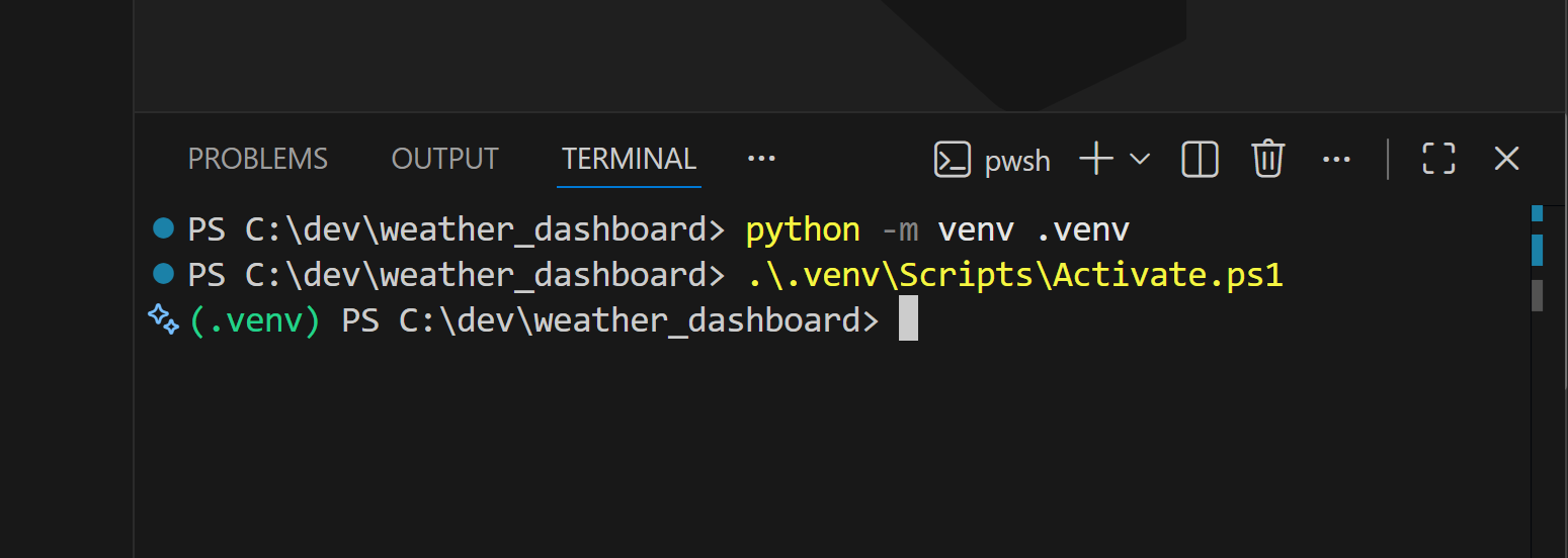 Two commands in the integrated terminal: python -m venv .venv followed by .\.venv\Scripts\Activate.ps1, then a new prompt prefixed with (.venv) confirming the virtual environment is active.