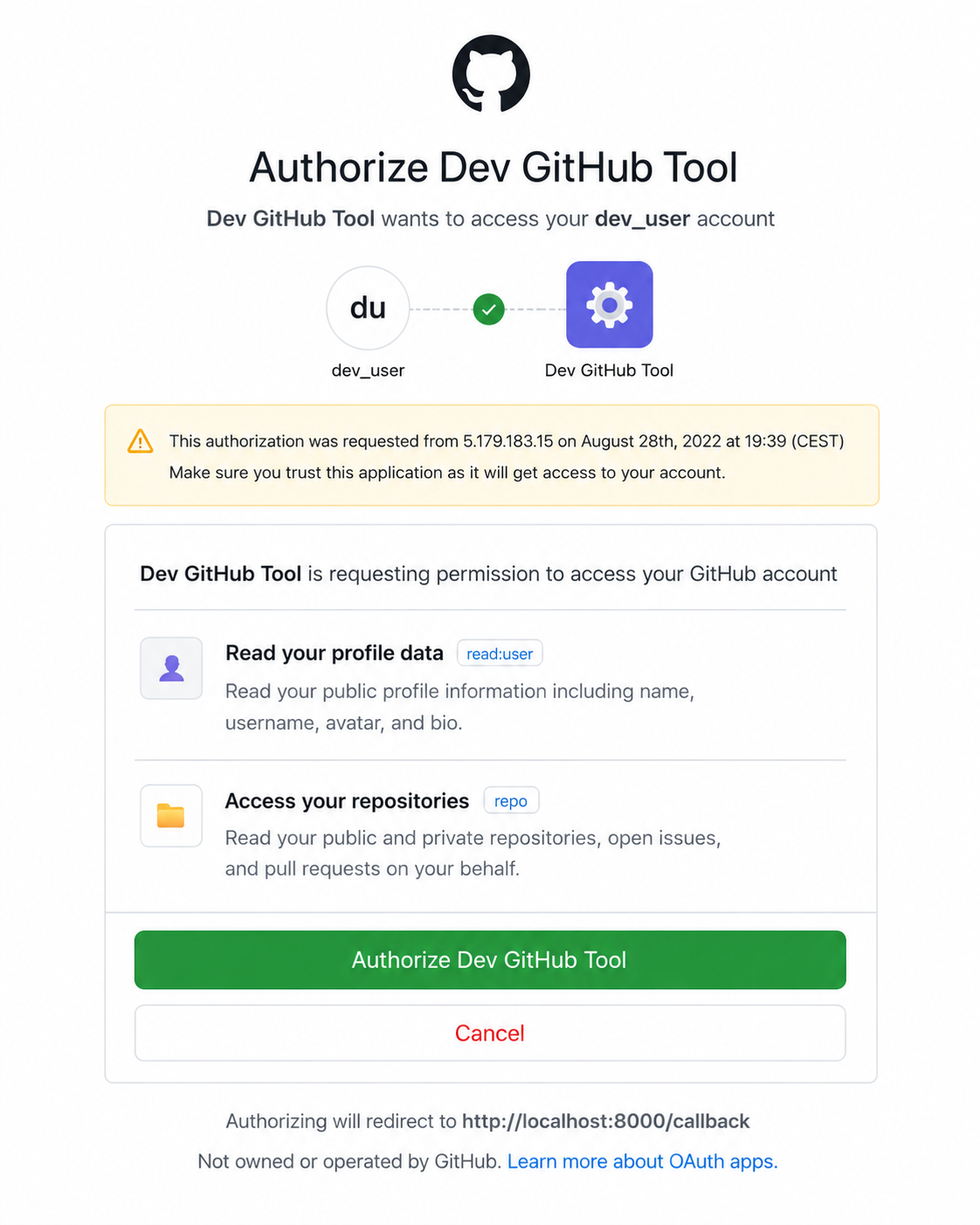 GitHub authorization screen titled 'Authorize Dev GitHub Tool' showing requested permissions and an Authorize button.