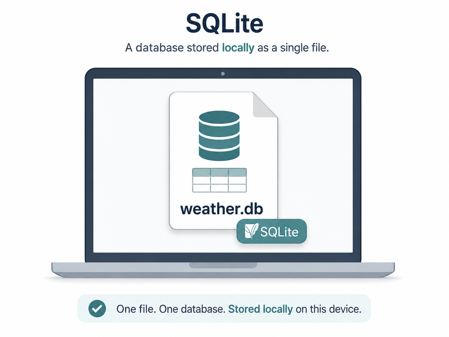 A laptop displaying a single file labelled weather.db with the SQLite logo, illustrating that a SQLite database is one file stored locally on the device.