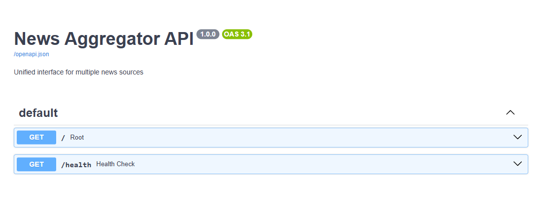 Screenshot of FastAPI automatic documentation showing interactive Swagger UI with GET / and GET /health endpoints listed with Try it out buttons