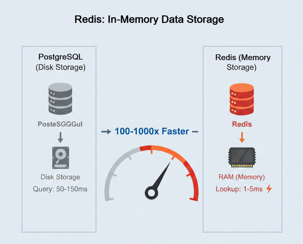 Comparison diagram showing PostgreSQL disk storage versus Redis in-memory storage. PostgreSQL follows the database query path, while Redis reads cached values from memory. Bottom shows simple key-value storage example.