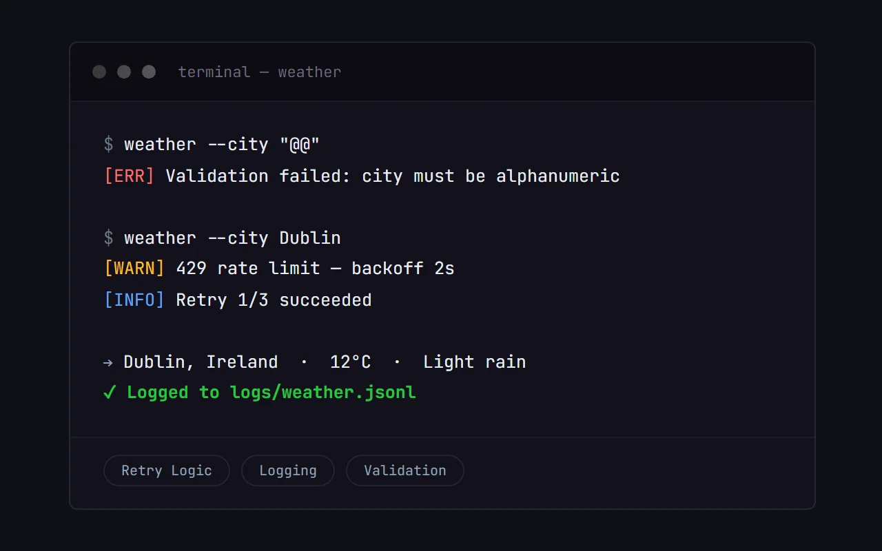 Weather CLI terminal output: validation, exponential backoff, retry, and structured logging