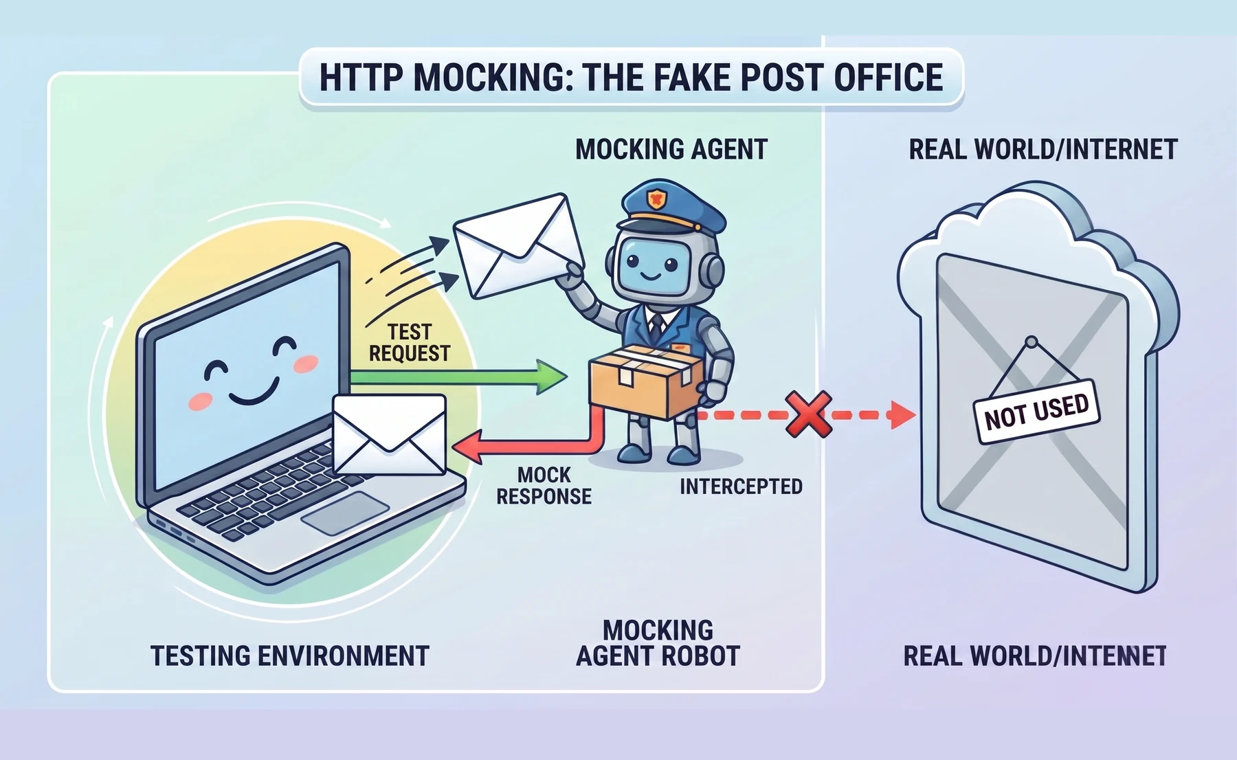 Diagram: a laptop in a Testing Environment sends a test request to a Mocking Agent Robot, which returns a mock response. A dashed red arrow to the Real World / Internet is marked NOT USED.
