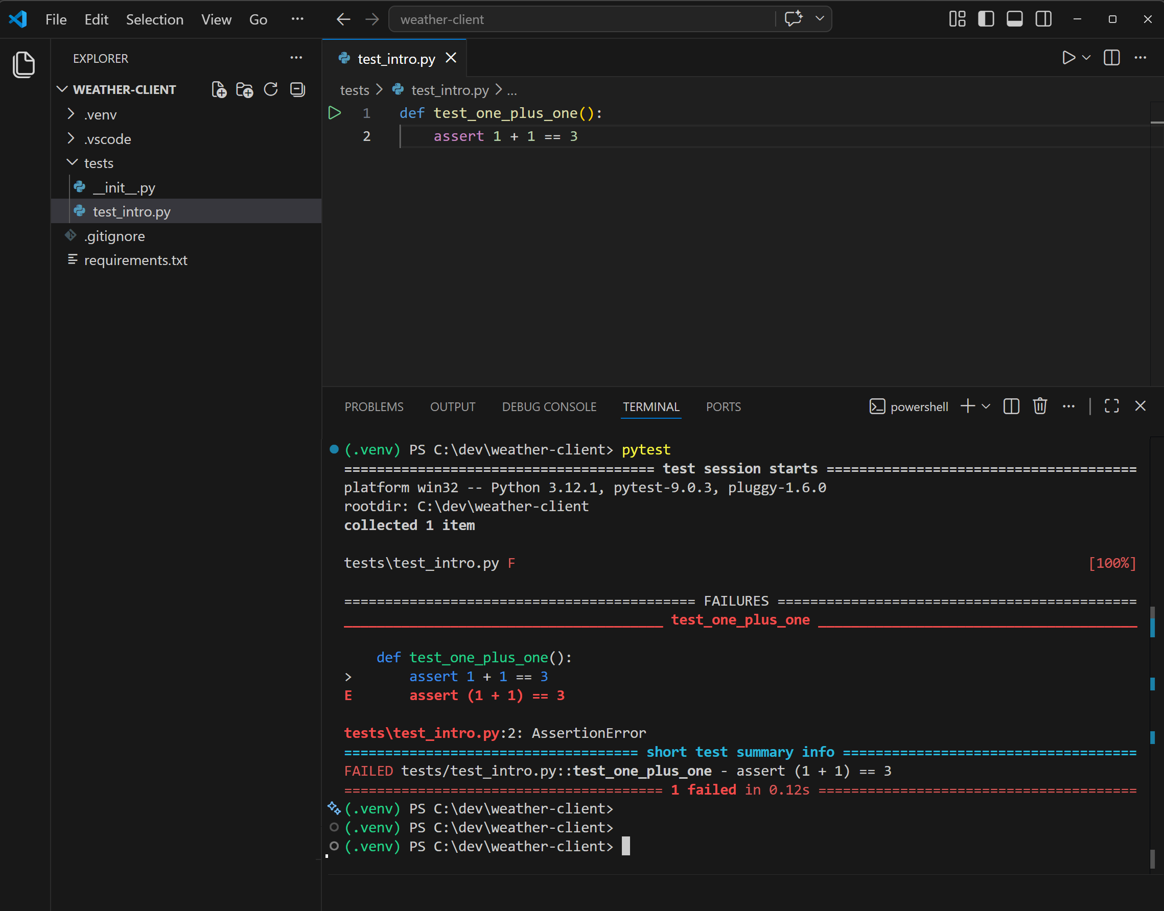 Same VS Code layout, but the assertion now reads 1 + 1 == 3 and the terminal shows pytest's failure output with the AssertionError and assertion diff.