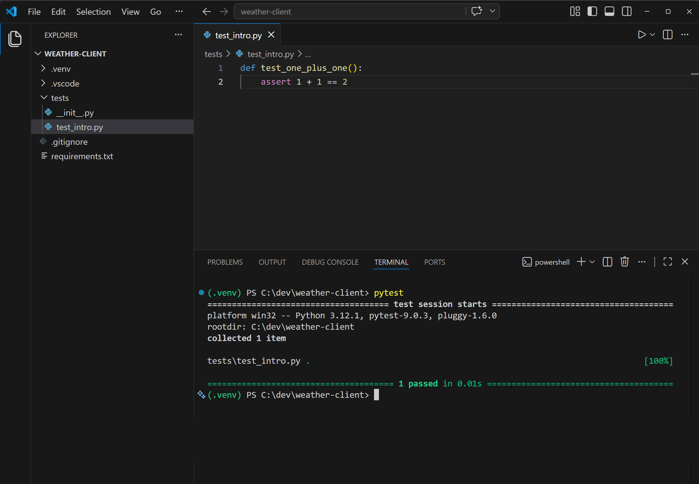 VS Code with test_intro.py open in the editor and a terminal below showing pytest collected 1 item and reported 1 passed in green.