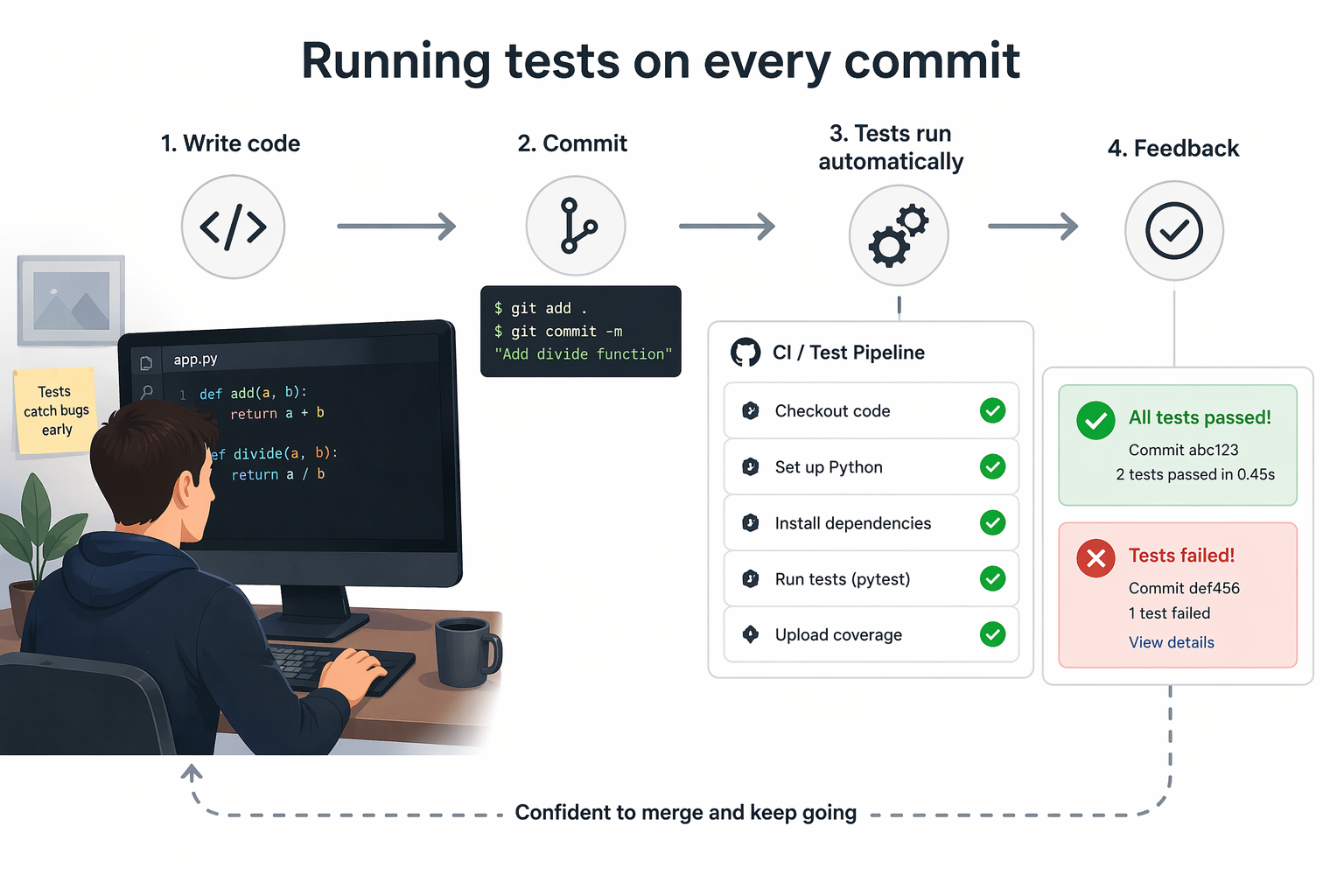 Infographic titled 'Running tests on every commit' showing a four-step loop: a developer writes code, commits with git, a CI/Test Pipeline runs checkout, dependencies, pytest, and coverage, and returns feedback (either 'All tests passed' or 'Tests failed'), completing a dashed loop labelled 'Confident to merge and keep going'.